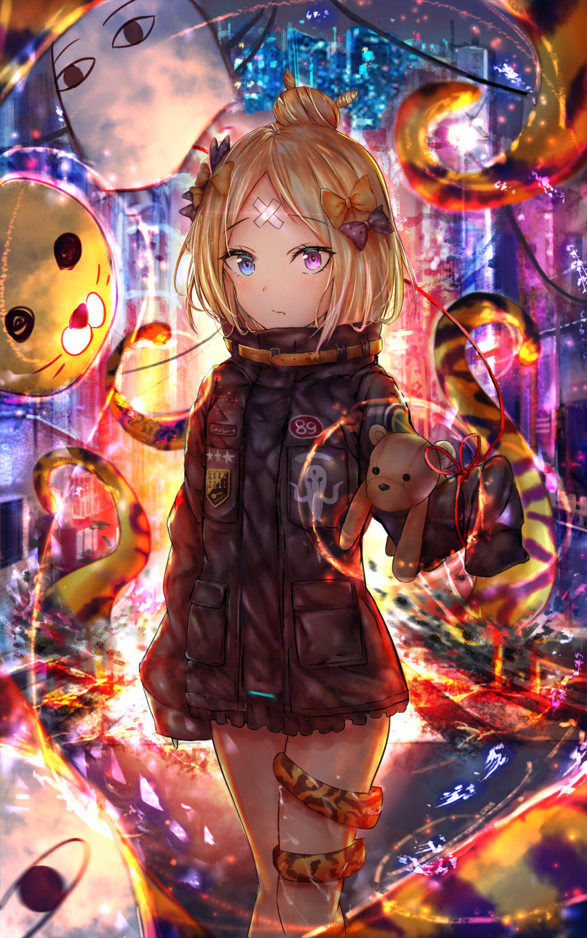 abigail_williams_(fate/grand_order) absurdres animal_print balloon bangs black_bow black_jacket blonde_hair blue_eyes bow closed_mouth commentary_request crossed_bandaids eyebrows_visible_through_hair fang fang_out fate/grand_order fate_(series) glowing hair_bow hair_bun heroic_spirit_traveling_outfit heterochromia highres holding holding_balloon jacket long_hair long_sleeves luminous medjed orange_bow parted_bangs polka_dot polka_dot_bow purple_eyes sleeves_past_fingers sleeves_past_wrists solo standing stuffed_animal stuffed_toy teddy_bear tentacles tiger_print