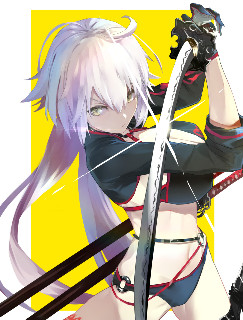 absurdres ahoge bangs bikini black_bikini black_jacket border breasts cleavage closed_mouth commentary_request cropped_jacket fate/grand_order fate_(series) gleam gloves hair_between_eyes highres hips jacket jeanne_d'arc_(alter_swimsuit_berserker) jeanne_d'arc_(fate)_(all) katana kumonji_aruto large_breasts long_hair navel o-ring sheath shrug_(clothing) simple_background solo swimsuit sword very_long_hair weapon white_border yellow_background yellow_eyes