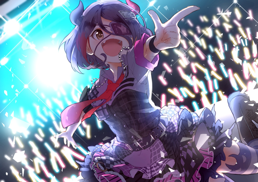 :d backlighting belt boots brown_eyes checkered checkered_skirt collared_shirt commentary concert eyepatch fake_horns fang finger_gun frilled_eyepatch frilled_skirt frills glowstick hair_between_eyes hair_ornament hairclip hayasaka_mirei highres horn_band_legwear horns idol idolmaster idolmaster_cinderella_girls idolmaster_cinderella_girls_starlight_stage individuals medium_hair moiimo_q necktie open_mouth outstretched_arms plaid plaid_shirt plaid_skirt pointing purple_hair purple_shirt purple_skirt red_neckwear shirt skirt skirt_set smile solo spread_arms stage striped striped_legwear