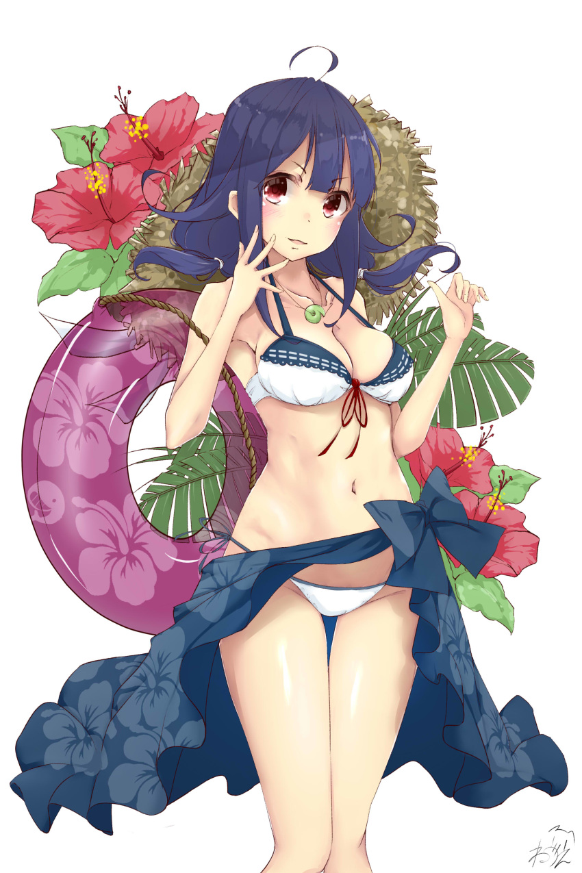 absurdres adapted_costume ahoge armpits bangs bare_arms bare_shoulders bikini blue_hair blue_sarong blush breasts cleavage collarbone commentary_request eyebrows_visible_through_hair fingernails flower groin hair_between_eyes hair_flaps hands_up hat highres innertube kantai_collection long_hair low_twintails magatama magatama_necklace medium_breasts navel neve parted_lips purple_innertube red_eyes red_flower sarong signature simple_background smile solo straw_hat swimsuit taigei_(kantai_collection) thigh_gap thighs twintails white_background white_bikini