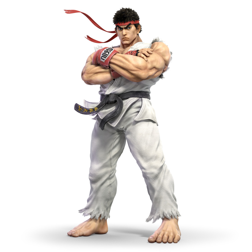 3d absurdres bandana black_hair dougi fingerless_gloves full_body gloves headband highres male_focus martial_arts_belt muscle official_art ryuu_(street_fighter) short_hair solo street_fighter super_smash_bros. super_smash_bros._ultimate transparent_background