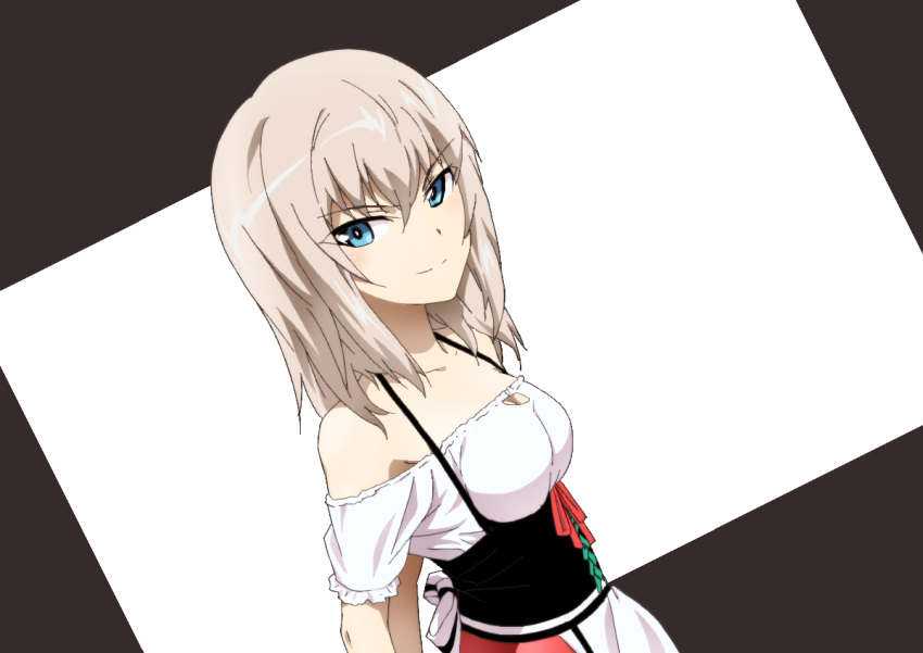 alternate_costume apron bangs bare_shoulders breasts cleavage closed_mouth commentary corset cwind dirndl dutch_angle eyebrows_visible_through_hair from_side german_clothes germany girls_und_panzer itsumi_erika long_hair looking_at_viewer medium_breasts off-shoulder_shirt red_skirt shirt short_sleeves skirt smile solo standing underbust upper_body waist_apron white_apron white_shirt