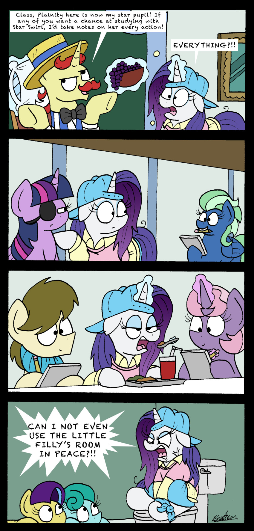 2018 angry bobthedalek comic cutie_mark dialogue english_text equine female feral flam_(mlp) friendship_is_magic grapevine group hair hat hi_res horn horse inside magic male mammal my_little_pony pillow pony rarity_(mlp) text toilet twilight_sparkle_(mlp) unicorn