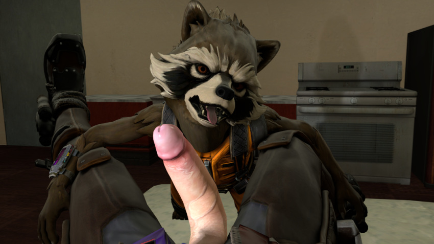 3d_(artwork) anthro brown_fur clothing digital_media_(artwork) erection fur guardians_of_the_galaxy human humanoid_penis male male/male mammal marvel open_mouth penis peter_quill procyonid raccoon rocket_raccoon rocketfan3 sex source_filmmaker