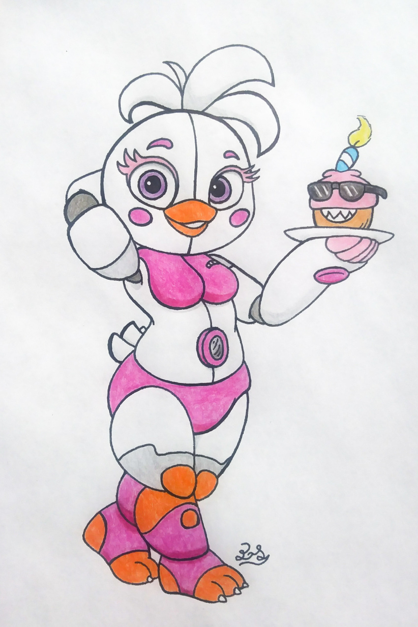 anthro avian big_eyes bird blush chicken clothing female five_nights_at_freddy's freddy_fazbear's_pizzeria_simulator funtime_chica_(fnaf) hi_res pillothestar pose slightly_chubby smile thick_thighs ultimate_custom_night video_games wide_hips