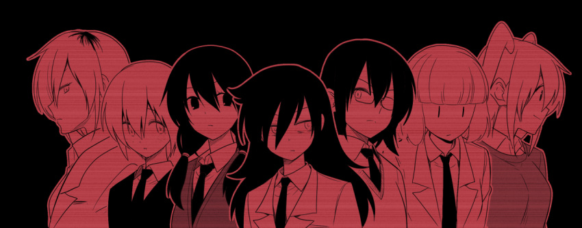 bags_under_eyes blazer commentary freckles glasses hair_between_eyes hair_tie half_opaque_glasses jacket komiyama_kotomi kuroki_tomoko light_frown lineup long_hair looking_to_the_side low_twintails monochrome multiple_girls necktie nemoto_hina profile red satou_yuuki school_uniform short_hair sideways_glance sweater tamura_yuri tanaka_mako twintails two_side_up uchi_emiri watashi_ga_motenai_no_wa_dou_kangaetemo_omaera_ga_warui! yoshida_masaki |_|