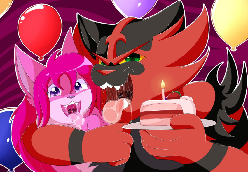 anthro balloon birthday cake candle canine female food fox foxlove incineroar male mammal mincivore mouth_shot nintendo nude pok&eacute;mon pok&eacute;mon_(species) saliva video_games