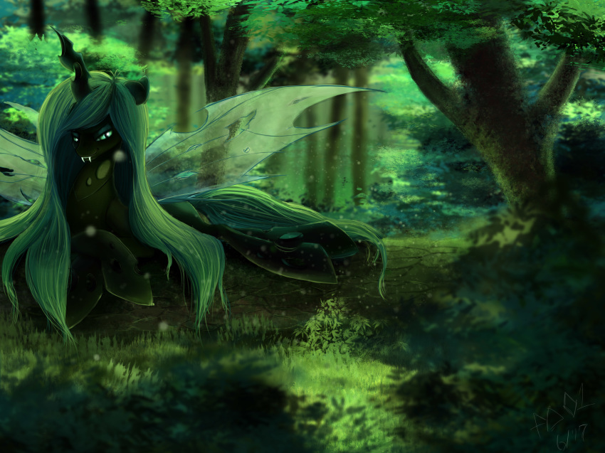 2018 absurd_res changeling eyeshadow fangs female forest foughtdragon01 friendship_is_magic green_eyes green_hair green_theme hair hi_res insect_wings makeup my_little_pony queen_chrysalis_(mlp) solo tree wings