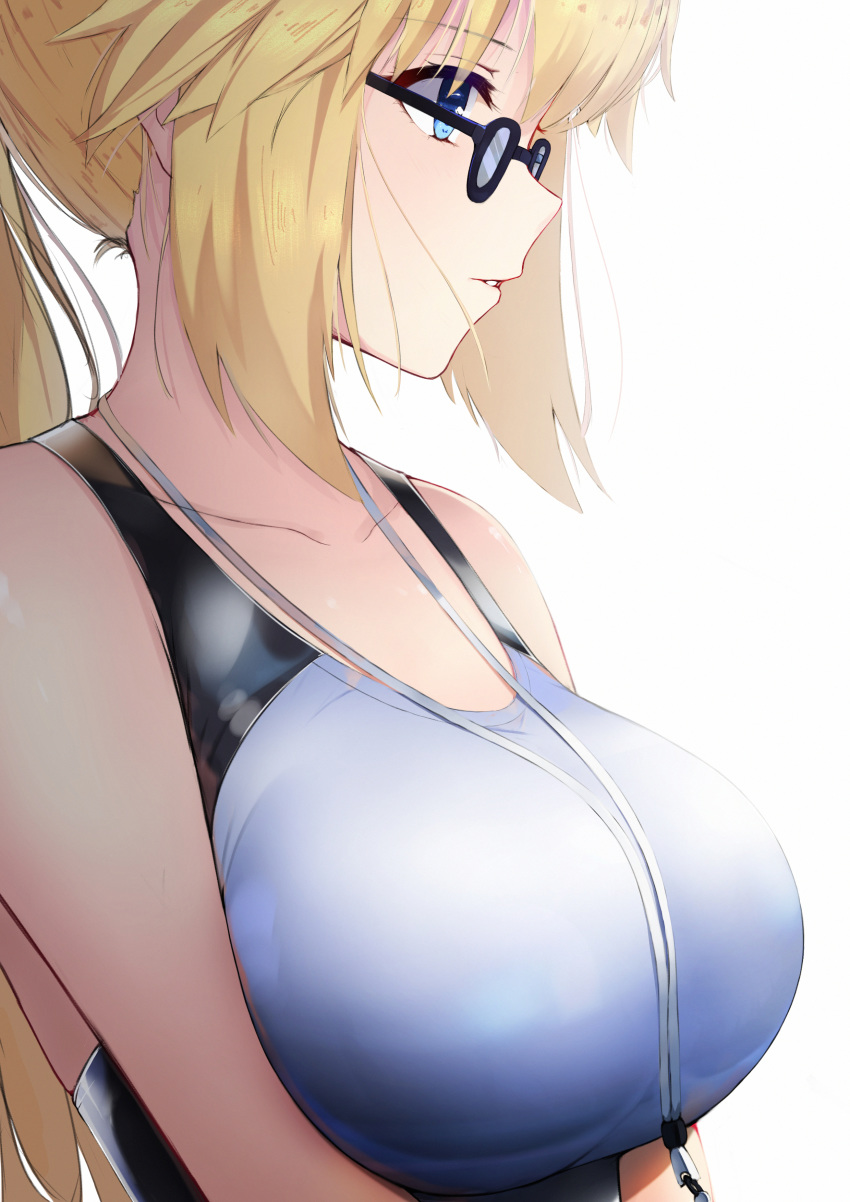 absurdres alternate_hairstyle bangs bare_shoulders bespectacled black-framed_eyewear blonde_hair blue_eyes blush breasts collarbone competition_swimsuit eyebrows_visible_through_hair eyelashes fate/grand_order fate_(series) glasses highres jeanne_d'arc_(fate)_(all) jeanne_d'arc_(swimsuit_archer) large_breasts light_smile long_hair looking_away mari_(doraerin0) multicolored multicolored_clothes multicolored_swimsuit nose one-piece_swimsuit parted_lips ponytail profile sidelocks simple_background solo swimsuit teeth two-tone_swimsuit whistle whistle_around_neck white_background white_swimsuit