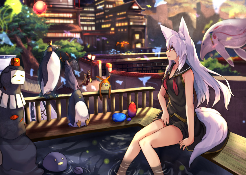 aliasing animal animal_ears breasts building cleavage foxgirl haik long_hair original penguin red_eyes seifuku tail tree water white_hair