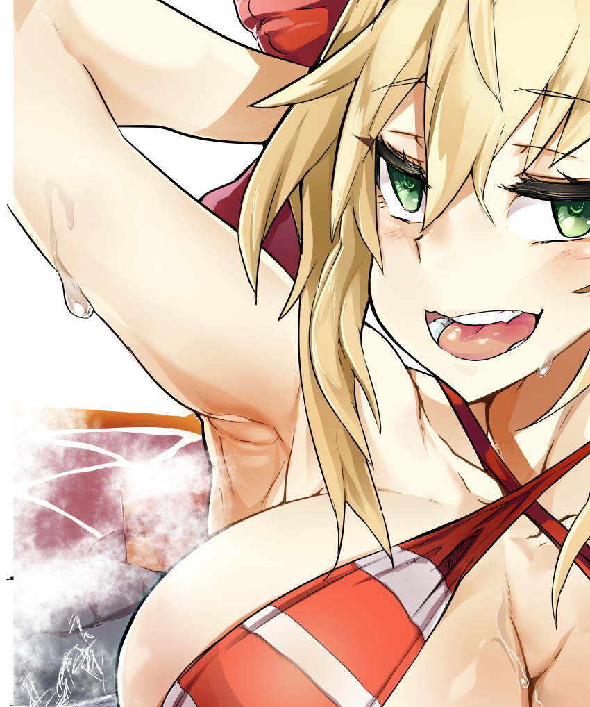 1girl absurdres arm_behind_head arm_up armpits bangs bikini blonde_hair blush board_game breasts cleavage clip_studio_paint close-up commentary criss-cross_halter eyebrows_visible_through_hair eyelashes fate/extra fate/grand_order fate_(series) go green_eyes halterneck head_out_of_frame highres huge_breasts looking_at_viewer nero_claudius_(fate)_(all) nero_claudius_(swimsuit_caster)_(fate) open_mouth smile solo steam striped striped_bikini sweat swimsuit teeth tongue wwwazxc