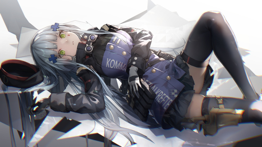 arm_across_waist bangs beret black_legwear blunt_bangs breasts clothes_writing commentary_request facial_mark girls_frontline gloves green_eyes hair_ornament hat hat_removed headwear_removed highres hk416_(girls_frontline) holster jacket knee_up long_hair long_sleeves looking_at_viewer lying magazine_(weapon) medium_breasts miya-ki_(miya_key) multicolored multicolored_clothes multicolored_jacket on_back open_mouth plaid plaid_skirt pleated_skirt sidelocks silver_hair skindentation skirt solo thigh_holster thighhighs very_long_hair