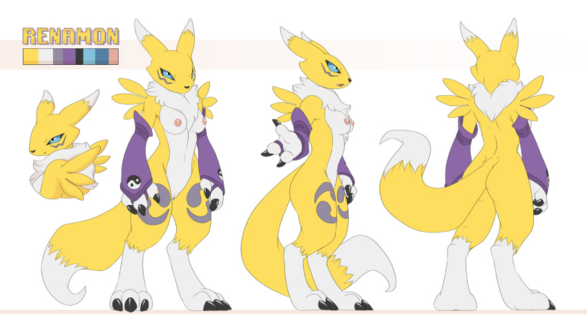 2018 acidapluvia anthro black_sclera blue_eyes breasts butt canine clothing digimon digimon_(species) female front_view fur gloves hi_res mammal model_sheet multicolored_fur nipples nude pussy rear_view renamon side_view simple_background solo_focus white_fur yellow_fur