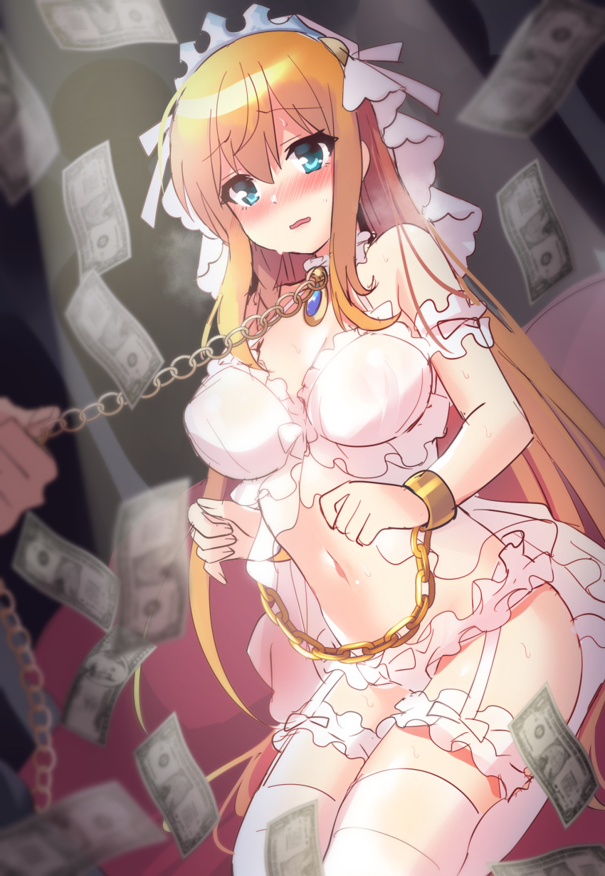 1girl ahoge bangs blonde_hair blue_eyes blush breasts chains cleavage cuffs hair_between_eyes highres hoshina_meito large_breasts long_hair open_mouth pecorine princess_connect! princess_connect!_re:dive ribbon shackles thighhighs tiara very_long_hair