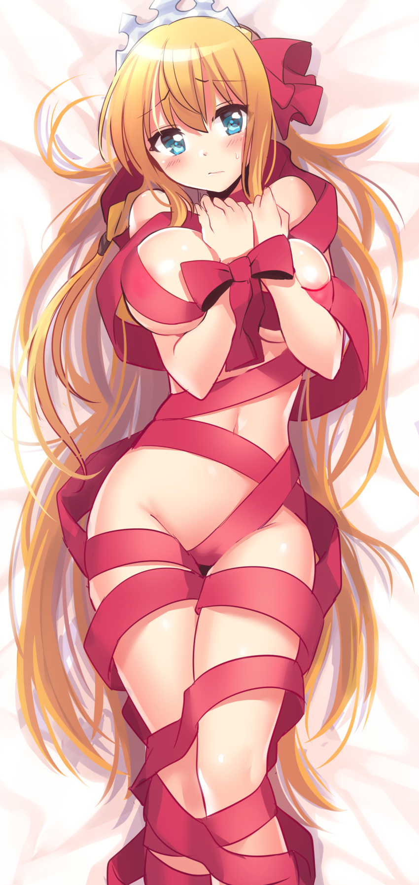 1girl absurdres bangs blonde_hair blue_eyes blush breasts cleavage gift_wrapping hair_between_eyes highres hoshina_meito large_breasts long_hair navel pecorine princess_connect! princess_connect!_re:dive solo tiara very_long_hair