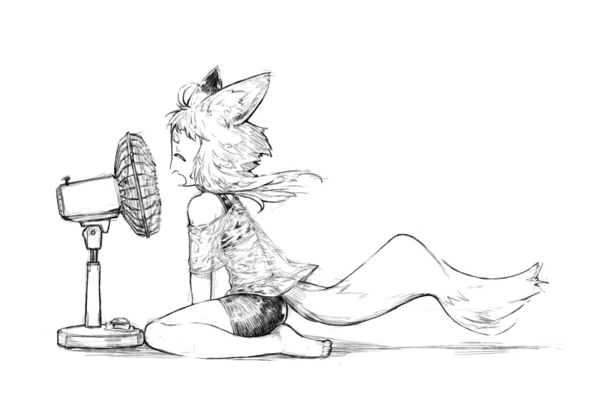 ahoge animal_ear_fluff animal_ears barefoot bike_shorts closed_eyes electric_fan fan_speaking fox_ears fox_girl_(jaco) fox_tail from_side full_body greyscale jaco long_hair monochrome open_mouth original see-through shirt short_hair_with_long_locks shorts sidelocks simple_background sitting solo tail wariza wet wet_clothes wet_shirt white_background