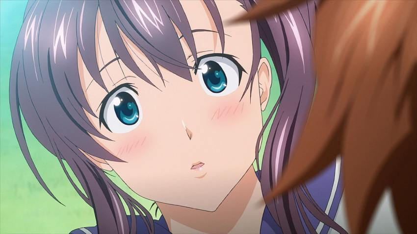 1boy 1girl amaya_haruko animated animated_gif blue_eyes blush brown_hair eye_contact looking_at_another maken-ki! maken-ki!_two ooyama_takeru purple_hair smile takami_akio xebec