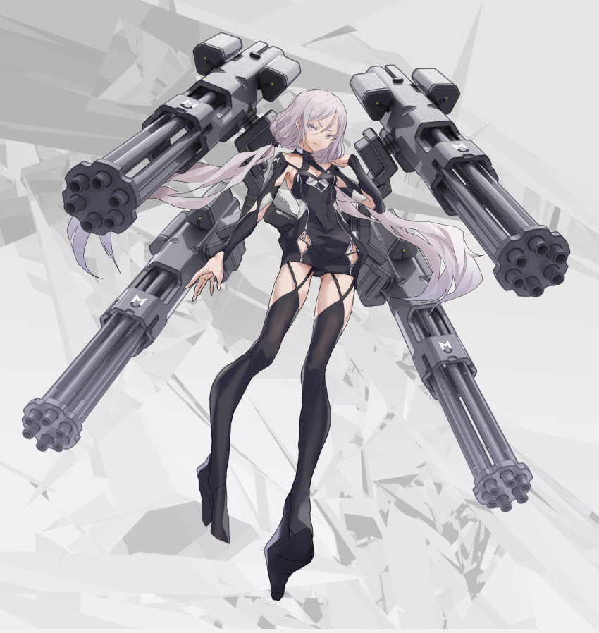 black_panties breasts cancell cleavage closed_mouth garter_straps gatling_gun halterneck high_heels highres looking_at_viewer mecha_musume original panties science_fiction silver_eyes silver_hair small_breasts solo thighhighs twintails underwear