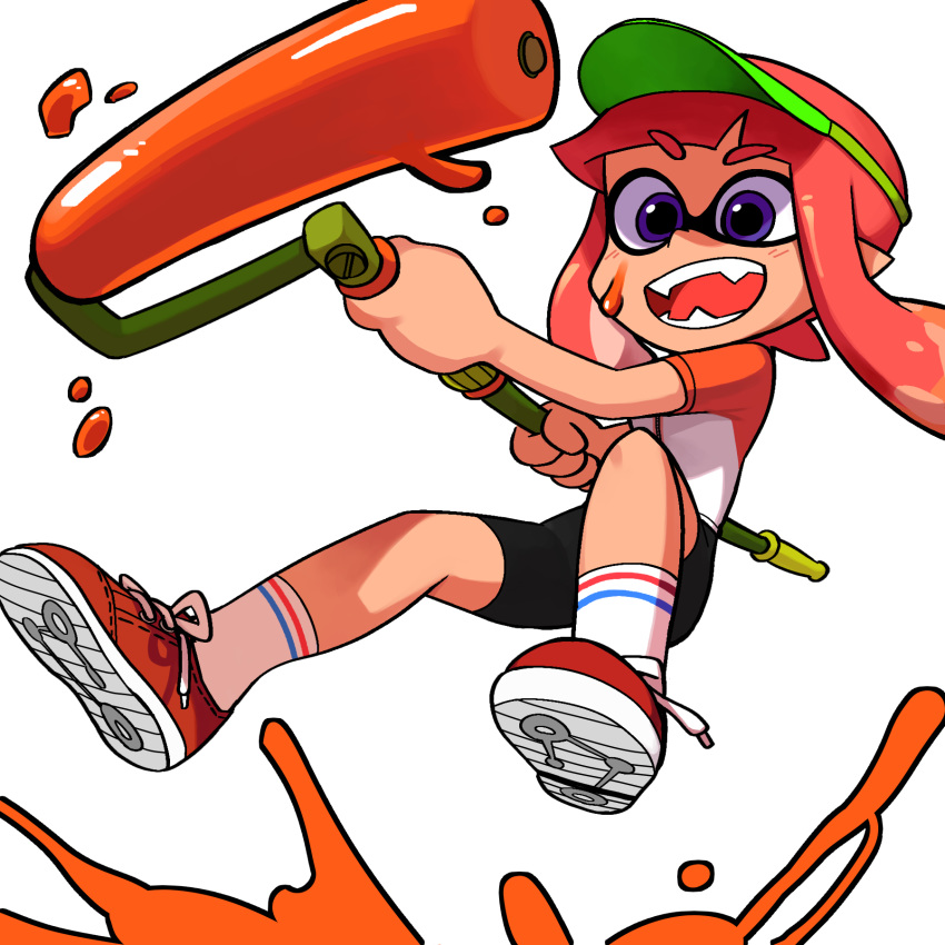 :d bike_shorts domino_mask eyebrows_visible_through_hair fangs highres holding inkling lkll long_hair mask open_mouth pink_hair pointy_ears purple_eyes raglan_sleeves red_footwear shirt shoes short_sleeves simple_background smile sneakers socks solo splat_roller_(splatoon) splatoon_(series) splatoon_2 teeth tentacle_hair visor_cap white_background white_legwear