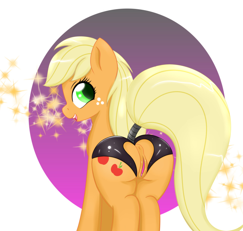 2016 alpha_channel animal_genitalia animal_pussy anus applejack_(mlp) blonde_hair butt canister_(artist) clitoris clothing crotchless_panties cute cutie_mark earth_pony equine equine_pussy eyebrows eyelashes female feral freckles friendship_is_magic green_eyes hair hi_res hooves horse long_hair looking_back mammal mostly_nude my_little_pony open_mouth open_smile panties pony presenting presenting_hindquarters presenting_pussy puffy_anus purple_background pussy rear_view simple_background smile solo sparkles tail_wraps teeth tongue transparent_background underwear wraps