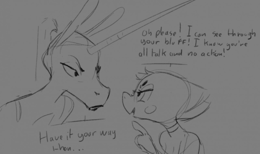 2017 anthro bat dialogue duo dusk_(tabuley) english_text equine eye_contact female fruit_bat grey_background gwen_(zaggatar) hair horn looking_at_another mammal monochrome simple_background sketch smile tabuley text unicorn unicorn_horn