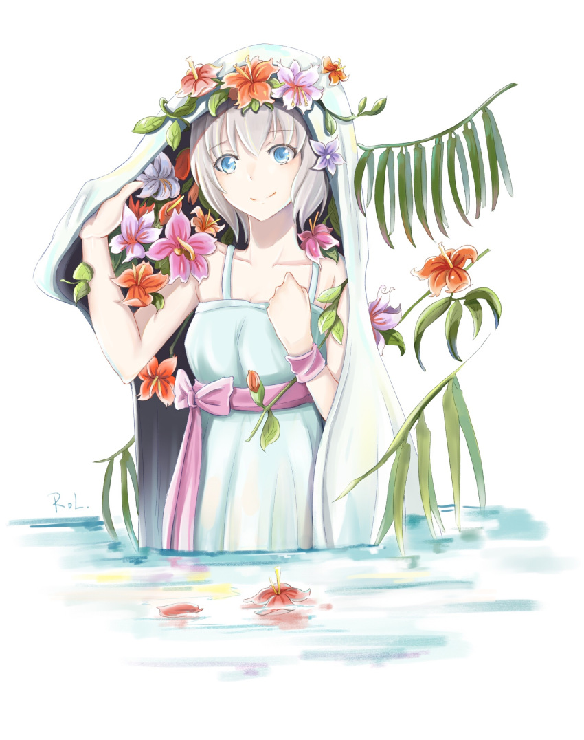 aoba_moka bang_dream! blue_dress blue_eyes cape cape_lift commentary_request dress flower flower_on_liquid flower_wreath head_wreath highres petals petals_on_liquid plant purple_ribbon purple_wristband ribbon rol_(wengmengdi) short_hair silver_hair smile sundress upper_body wading white_cape wristband