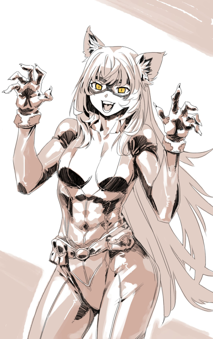 :d animal_ear_fluff animal_ears archvermin bangs belt black_cat_(marvel) black_cat_(marvel)_(cosplay) black_hanekawa bodysuit breasts breasts_apart cat_ears center_opening claws collarbone commentary cosplay covered_navel domino_mask english_commentary gloves hands_up hanekawa_tsubasa highres long_hair looking_at_viewer marvel mask medium_breasts monochrome monogatari_(series) open_mouth paw_pose simple_background skin_tight slit_pupils smile solo spider-man_(series) spot_color standing straight_hair superhero teeth trait_connection utility_belt very_long_hair yellow_eyes