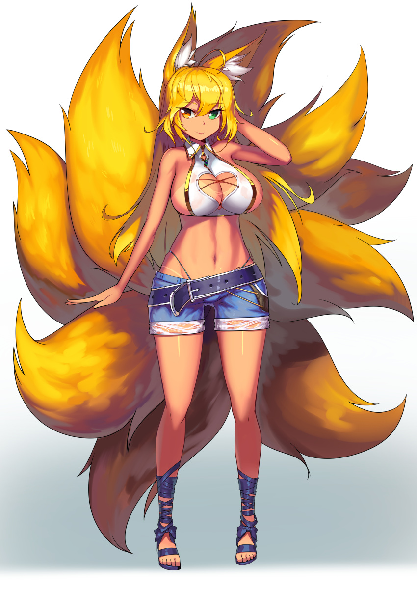 absurd_res amber_eyes animal_humanoid belt blonde_hair breasts canid canid_humanoid canine canine_humanoid cleavage clothed clothing female fluffy fluffy_tail fox_humanoid fur gradient_background green_eyes hair hand_on_head heterochromia hi_res humanoid leonat long_hair looking_at_viewer mammal multi_tail navel side_boob simple_background skimpy solo standing suntan tan_line tongue tongue_out white_fur yellow_fur