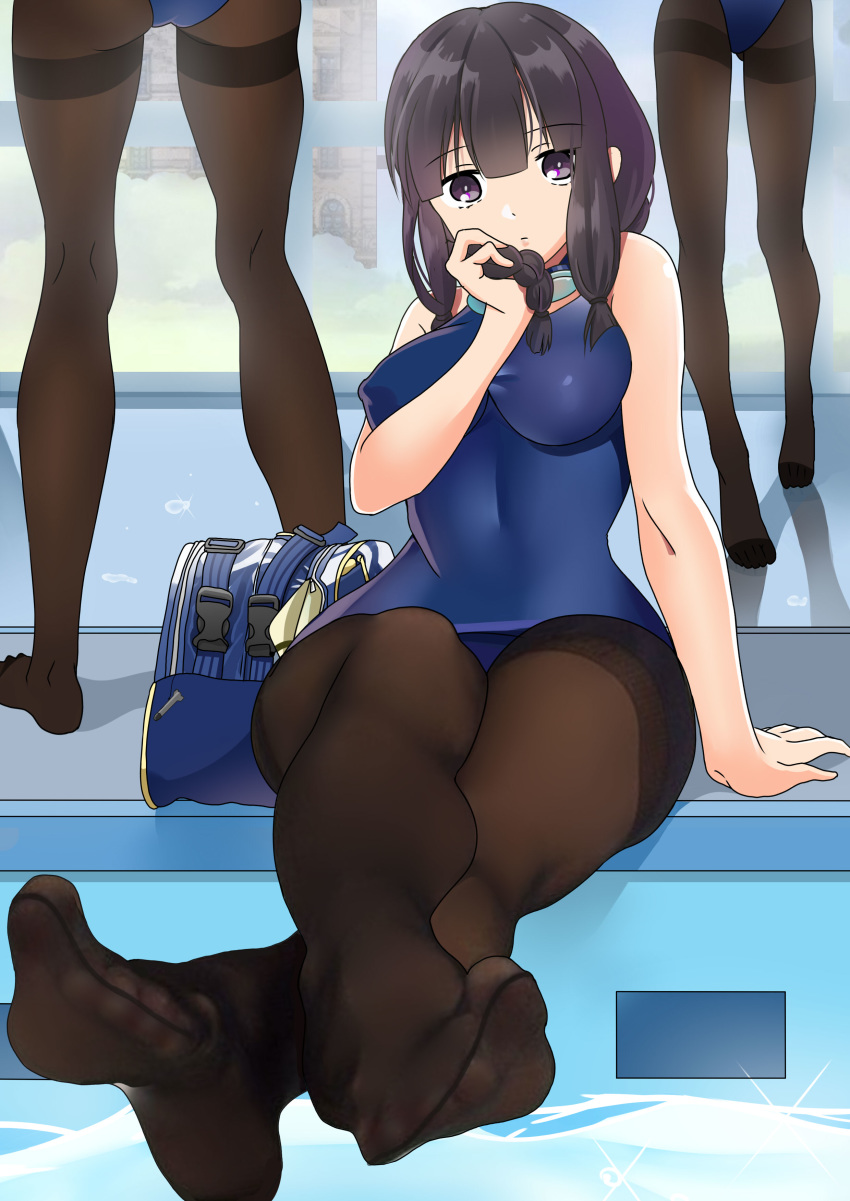 absurdres ass bad_id bad_pixiv_id bag bangs black_hair black_legwear blue_swimsuit blunt_bangs braid breasts crossed_legs day eyebrows_visible_through_hair feet fine_fabric_emphasis goggles hair_over_shoulder highres indoors kantai_collection kitakami_(kantai_collection) legs long_hair looking_at_viewer medium_breasts multiple_girls no_shoes one-piece_swimsuit pantyhose pantyhose_under_swimsuit pdc_(pixiv_32635440) pool poolside pov_feet purple_eyes rei_no_pool school_bag school_swimsuit school_uniform serafuku shadow single_braid sitting smile soles swimsuit thighband_pantyhose toe_scrunch toe_seam water window