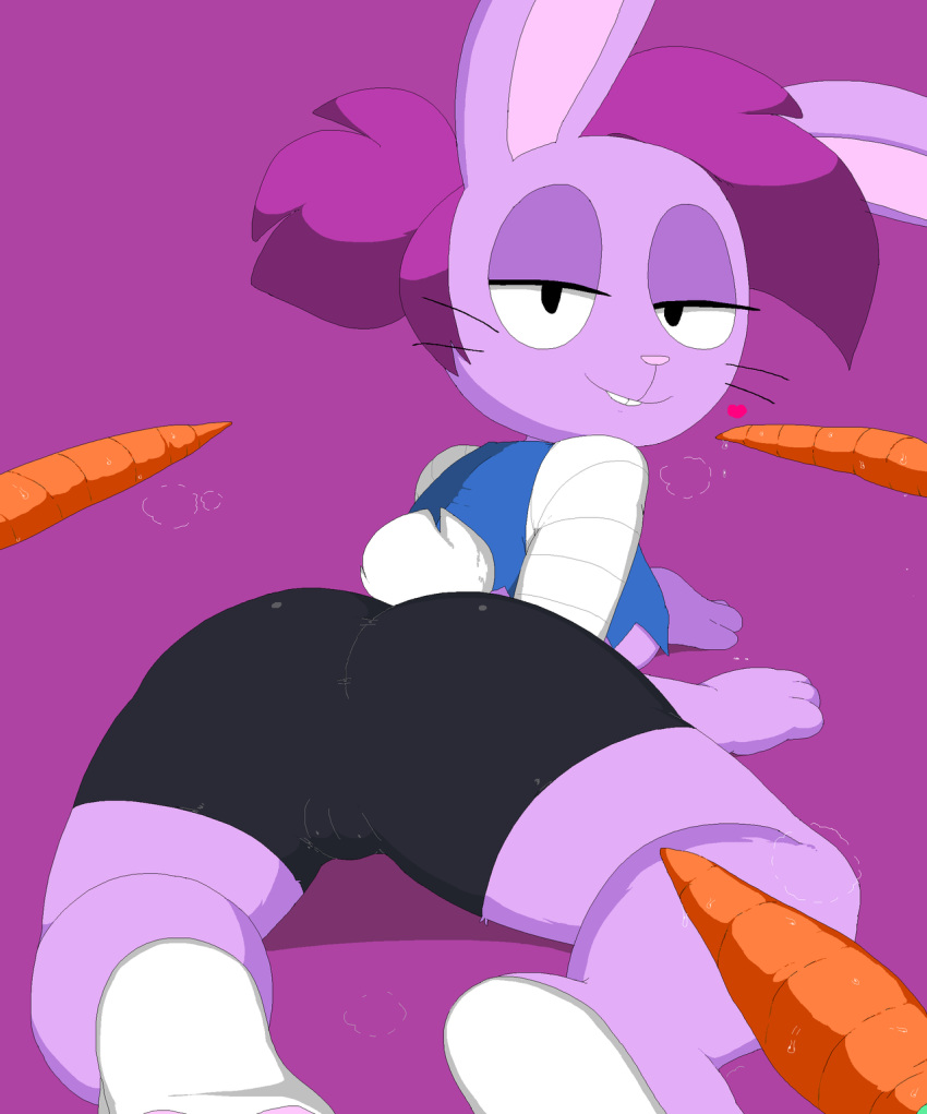 &lt;3 all_fours anthro bandage barefoot big_breasts breasts camel_toe cartoon_network clothed clothing crop_top crouching dream-cassette enid female female_focus floppy_ears fur hair hair_bun half-closed_eyes hi_res innuendo lagomorph looking_at_viewer looking_back lying mammal ok_k.o.!_let's_be_heroes on_front pawpads purple_fur purple_hair rabbit rear_view shirt short_hair shorts side_boob simple_background smile soles solo solo_focus were whiskers