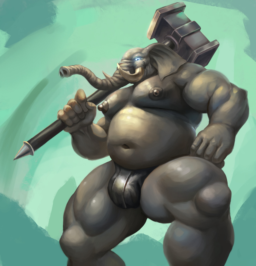 anthro areola belly biceps big_muscles bulge clothed clothing digital_media_(artwork) elephant esonver grey_skin hammer hi_res loincloth looking_at_viewer male mammal musclegut muscular muscular_male navel nipples overweight overweight_male pecs pose quads shaded simple_background skimpy solo standing tools topless trunk tusks