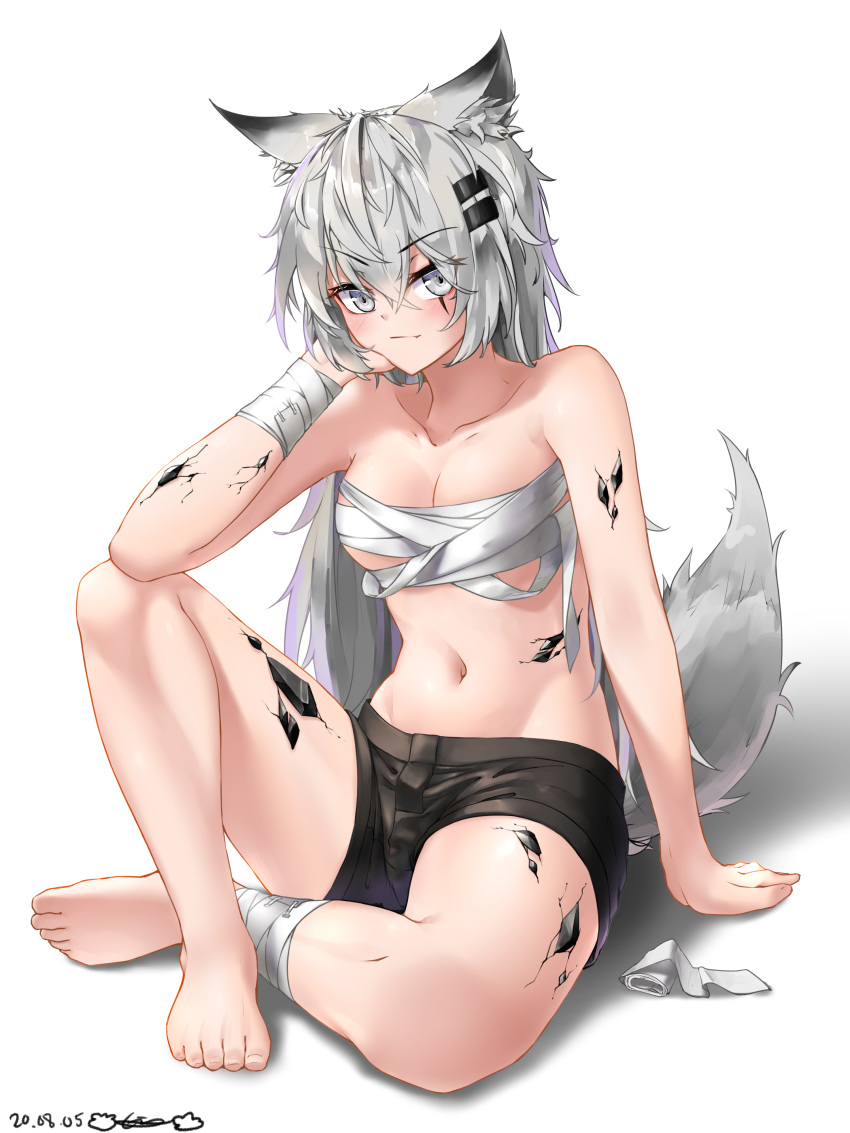 1girl absurdres animal_ear_fluff animal_ears arknights arm_support bandaged_arm bandages bangs bare_arms bare_shoulders black_shorts breasts cleavage commentary eyebrows_visible_through_hair gin9684 grey_eyes hair_between_eyes hair_ornament hairclip highres knee_up lappland_(arknights) long_hair looking_at_viewer midriff navel ore_lesion_(arknights) revision sarashi scar scar_across_eye shadow short_shorts shorts silver_hair simple_background sitting small_breasts solo stomach thighs white_background wolf_ears