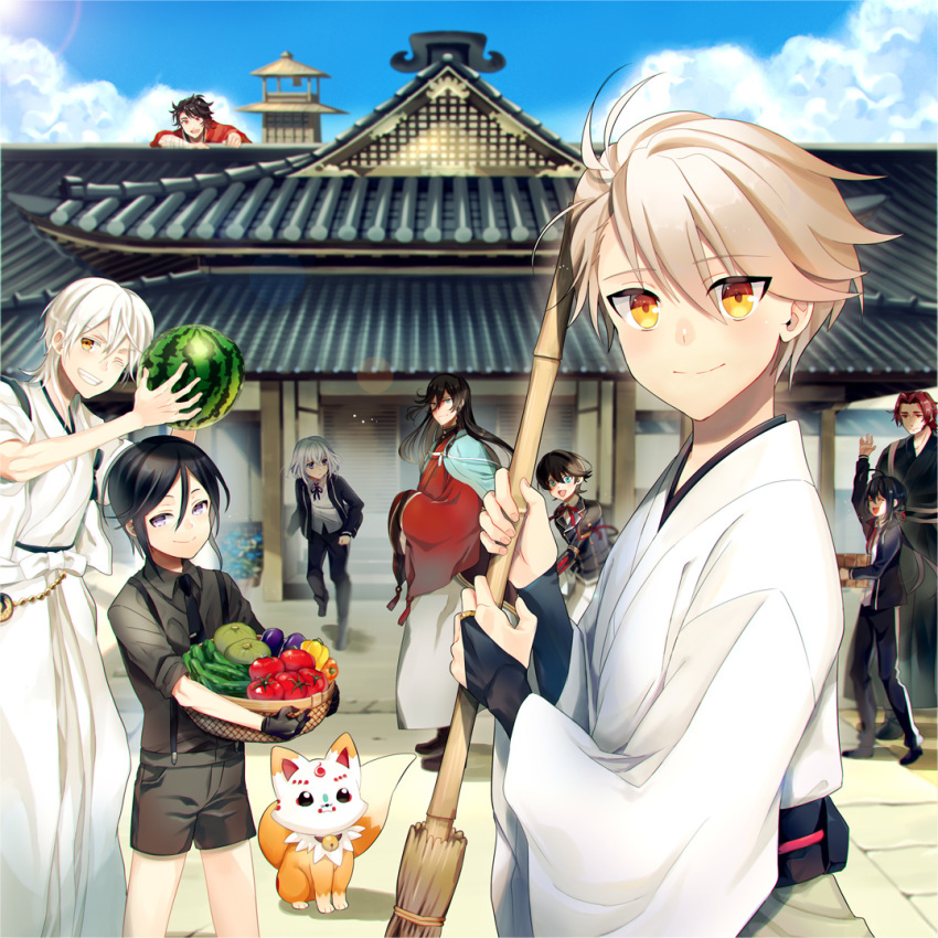 6+boys ^_^ ahoge architecture basket bell bell_collar bell_pepper black_gloves black_hair black_shorts blue_eyes blue_sky broom brown_hair closed_eyes cloud cloudy_sky collar cucumber day east_asian_architecture food fox fruit gloves grin hakama honebami_toushirou horikawa_kunihiro houhou_(black_lack) izumi-no-kami_kanesada japanese_clothes katsugeki/touken_ranbu konnosuke male_focus multiple_boys mutsu-no-kami_yoshiyuki namazuo_toushirou necktie one_eye_closed open_mouth outdoors pepper ponytail purple_eyes red_hair saniwa_(katsugeki/touken_ranbu) short_shorts shorts sky smile suspender_shorts suspenders tomato tonbokiri_(touken_ranbu) touken_ranbu tsurumaru_kuninaga watermelon waving white_hair yagen_toushirou yellow_eyes