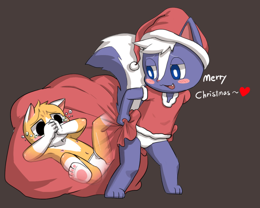 2017 anthro bag blue_eyes blush bulge christmas clothed clothing cub duo fur girly hair hat holidays male male/male mammal panties penny_the_skunk reumo_the_cat riroburo santa_hat skunk smile tears underwear white_fur young