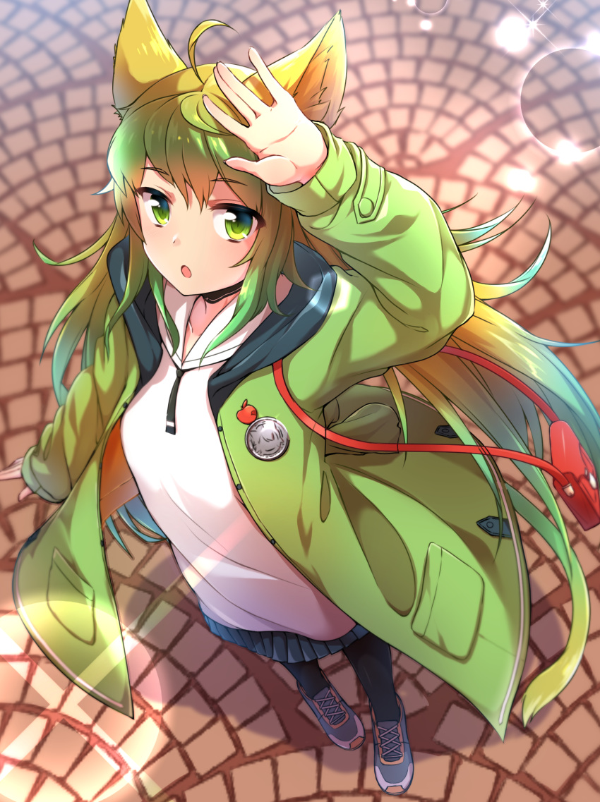 ahoge alternate_costume animal_ears arm_at_side atalanta_(fate) black_skirt blush braid casual cat_tail commentary contemporary eyebrows_visible_through_hair fate/apocrypha fate_(series) french_braid from_above gradient_hair green_eyes green_hair green_jacket hair_between_eyes highres hood hoodie jacket long_hair looking_at_viewer miniskirt minowa_sukyaru multicolored_hair open_clothes open_jacket open_mouth pleated_skirt skirt solo tail two-tone_hair zipper