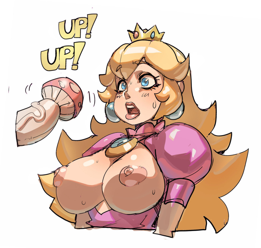 arms_at_sides blonde_hair blue_eyes breastless_clothes breasts breasts_outside brooch cropped_arms cropped_torso crown earrings eyebrows_visible_through_hair highres jewelry large_breasts lips long_hair maniacpaint mario_(series) mushroom nipples no_bra open_mouth penis_awe princess_peach puffy_short_sleeves puffy_sleeves sexually_suggestive short_sleeves sidelocks solo sound_effects super_mario_bros. sweat upper_body upper_teeth