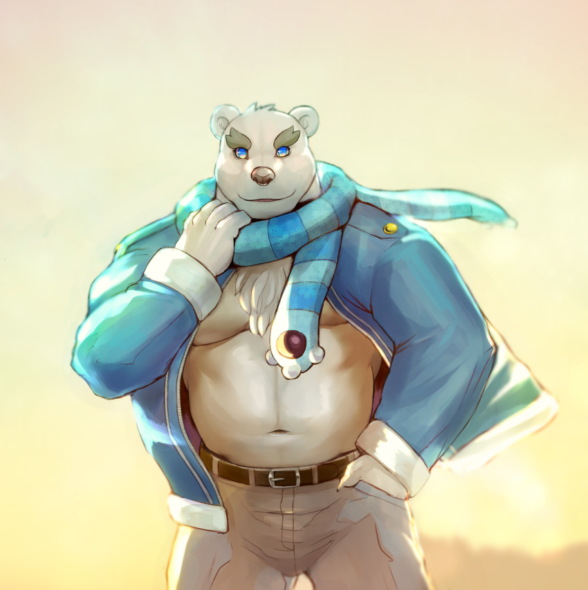 2015 anthro bear belly clothed clothing fur iceman1984 male mammal moobs navel pants polar_bear scarf shirane_kan slightly_chubby solo utau white_fur