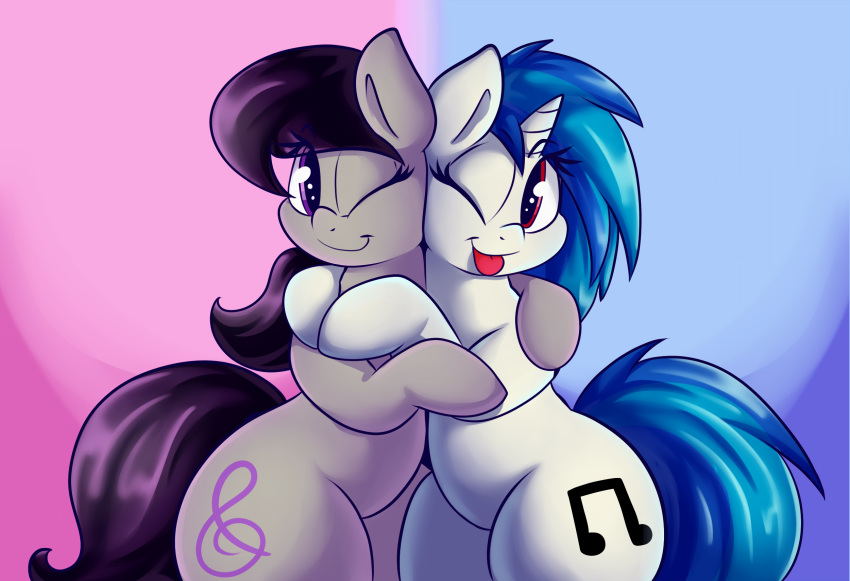 2017 black_hair blep blue_background blue_hair cute cutie_mark duo earth_pony equine eyelashes female female/female feral friendship_is_magic graphene hair hi_res hooves horn horse hug mammal multicolored_hair my_little_pony nude octavia_(mlp) one_eye_closed pink_background pony purple_eyes red_eyes simple_background smile tongue tongue_out two_tone_background two_tone_hair unicorn vinyl_scratch_(mlp)