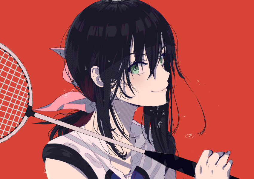 absurdres badminton badminton_racket black_hair green_eyes hair_between_eyes hair_ribbon hanebado! hanesaki_ayano highres holding holding_racket long_hair looking_at_viewer mike.zen ponytail racket red_background ribbon shirt short_sleeves simple_background smile solo sportswear sweat