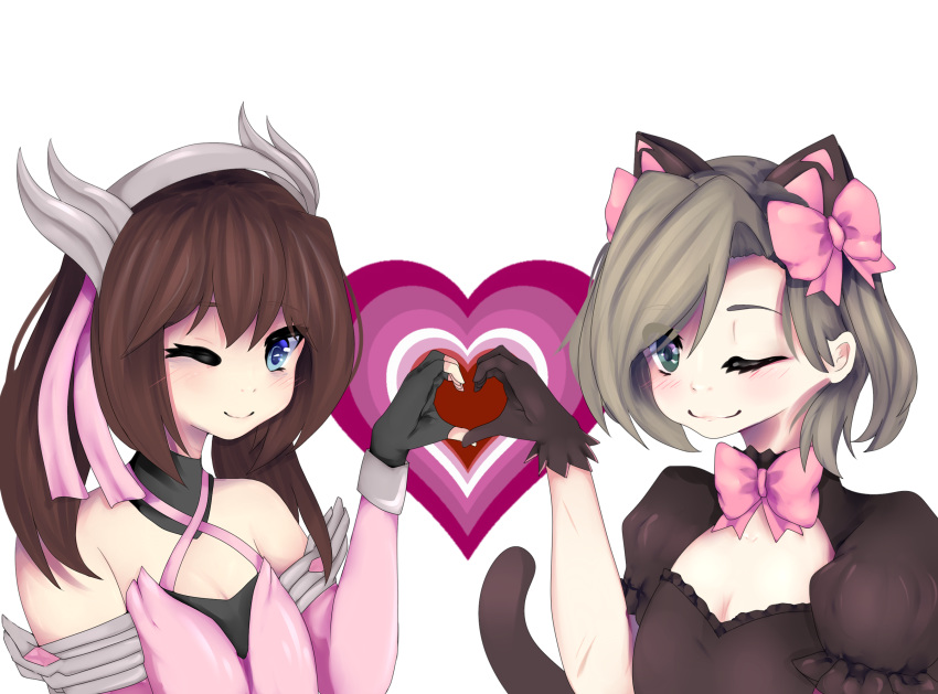 2girls ;) animal_ears bad_anatomy black_cat_d.va black_gloves blue_eyes blush bow brown_hair cat_ears crossover d.va_(overwatch) devo4ka dress fake_animal_ears flat_chest gloves green_eyes head_wings heart looking_at_viewer mechanical_halo mercy_(overwatch) mikanskii multiple_girls one_eye_closed original overwatch pink_bow pink_dress pink_mercy puffy_short_sleeves puffy_sleeves short_sleeves simple_background smile twintails white_background wink