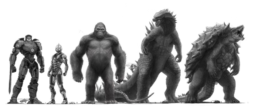 animal ape arm_blade arm_guards armor armored_boots boots chart claws commentary crossover dinosaur eatalllot english_commentary fang fangs full_body gamera gamera_(series) giant gipsy_danger glowing godzilla godzilla_(2014) godzilla_(series) gorilla greyscale highres kaijuu king_kong king_kong_(character) kong:_skull_island looking_at_viewer male_focus mecha mechanical_arms monochrome monster muscle open_mouth oversized_animal pacific_rim personification robot science_fiction sharp_teeth size_comparison size_difference super_robot sword tail teeth tokusatsu turtle tusks ultra_series ultraman ultraman_(1st_series) visor weapon