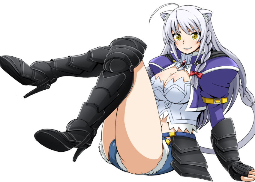 1girl ahoge animal_ears armor artist_request boots braid breasts bustier cleavage dog_days gauntlets grin highres large_breasts leonmitchelli_galette_des_rois long_hair navel short_shorts shorts smile very_long_hair yellow_eyes