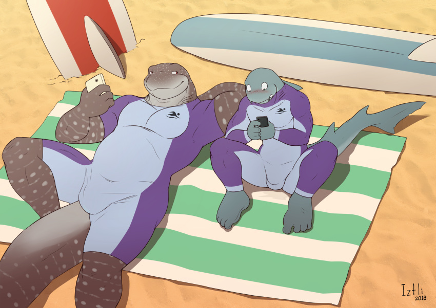 anthro athletic barefoot beach blush bodysuit bulge clothed clothing fish great_white_shark hand_behind_head hi_res iztli male male/male marine markings muscular outside pecs sand sea seaside seductive shark size_difference skinsuit slightly_chubby smile surfboard swimsuit tight_clothing water whale_shark