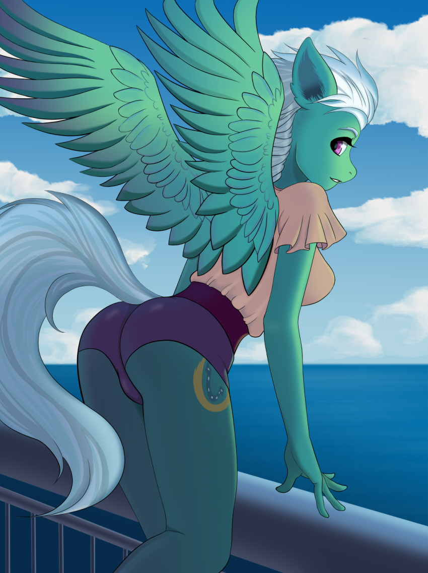 2018 5_fingers anthro biting_lip breasts butt butt_pose clothed clothing cloud cutie_mark equine eyebrows eyelashes feathered_wings feathers female fleetfoot_(mlp) friendship_is_magic fully_clothed green_feathers hair leaning leaning_forward looking_at_viewer looking_back mammal my_little_pony outside pegasus portrait purple_eyes railing rexiwiksi sea short_hair side_boob sky solo spread_wings standing teeth three-quarter_portrait water white_hair wings wonderbolts_(mlp)
