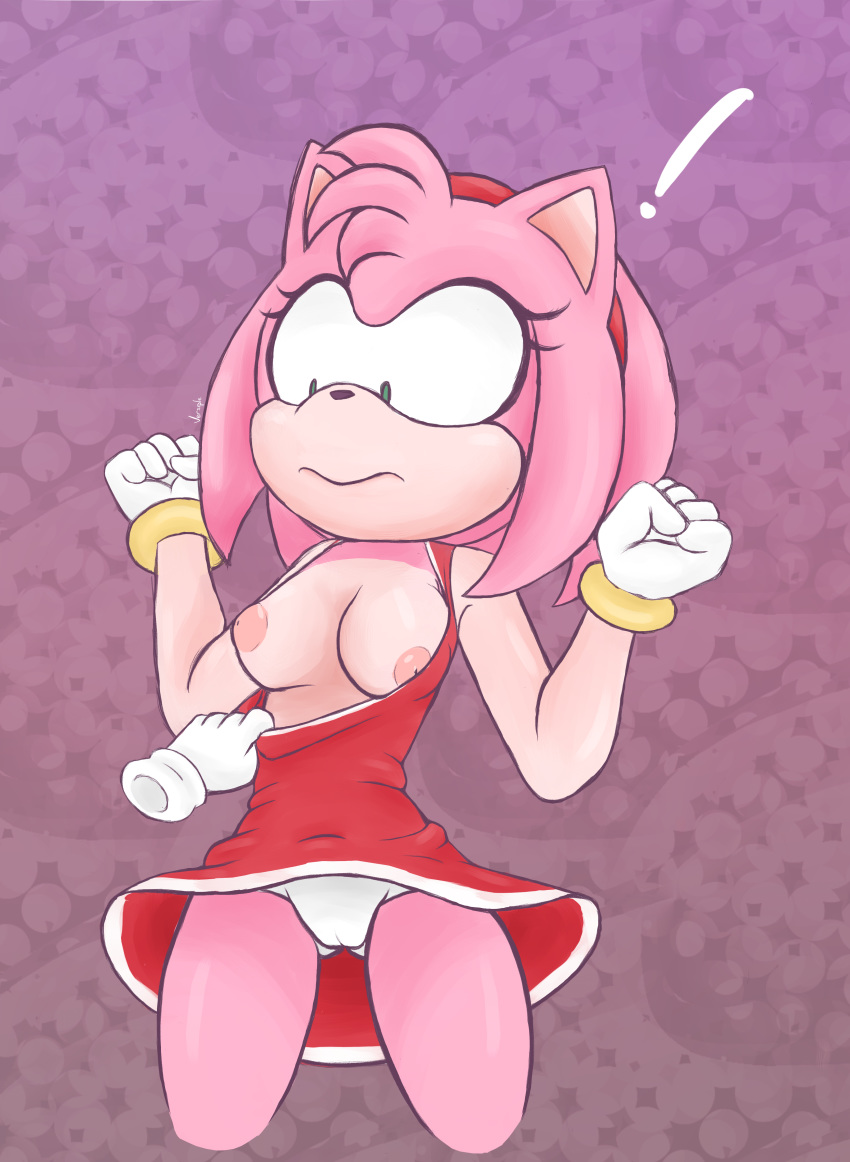 ! absurd_res amy_rose anthro assisted_exposure bracelet breasts clothing disembodied_hand dress eulipotyphlan exposed_breasts female gloves green_eyes hairband hedgehog hi_res jewelry looking_down mammal nipples panties pattern_background shirt_pull signature simple_background solo_focus sonic_(series) surprise underwear versiple