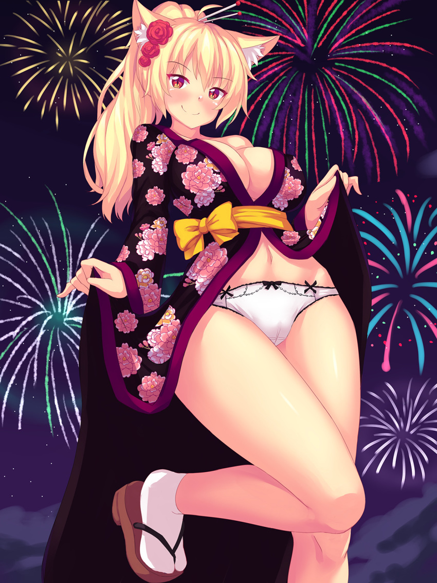 animal_ear_fluff animal_ears blonde_hair blush breasts cameltoe cat_ears cleavage clothes_lift eyebrows_visible_through_hair fast-runner-2024 fireworks floral_print flower hair_flower hair_ornament highres japanese_clothes kimono kimono_lift large_breasts lifted_by_self long_hair looking_at_viewer navel night original panties ponytail red_eyes sandals sash smile socks solo standing standing_on_one_leg tiffy underwear white_panties yukata yukata_lift