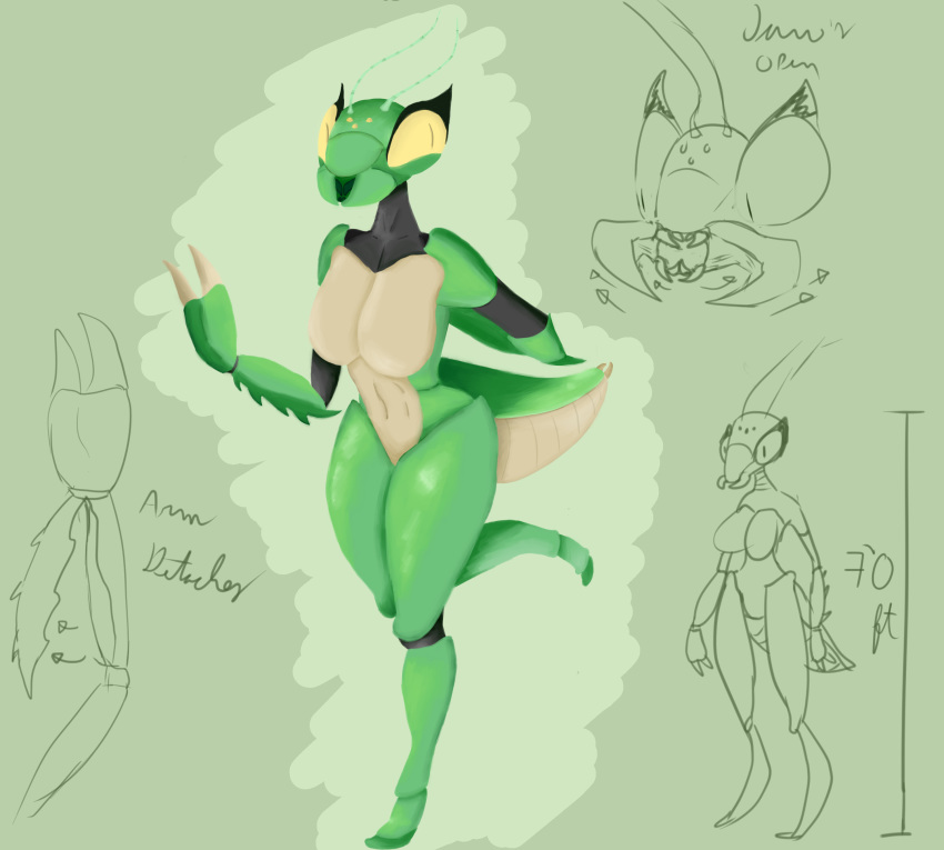 antennae anthro anthropod arthropod biped breasts claws coffeewithdicks exoskeleton featureless_crotch female front_view green_exoskeleton green_tail hi_res insect insect_abdomen looking_at_viewer mandibles mantis non-mammal_breasts nude pseudo_pupils sketch sketch_page solo standing