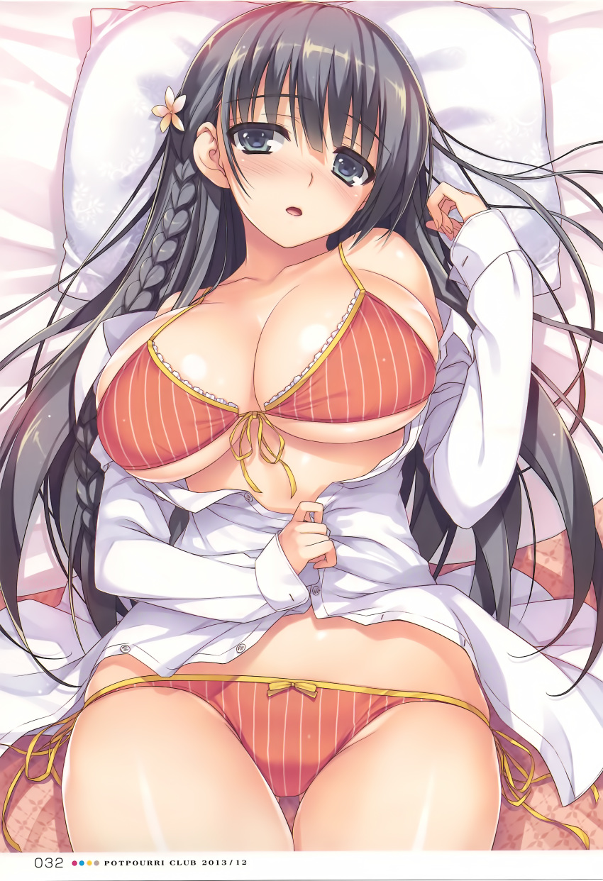 absurdres bangs bed_sheet black_eyes black_hair blush bra braid buttons collarbone eyebrows_visible_through_hair flower hair_flower hair_ornament highres long_hair long_sleeves lying off_shoulder on_back open_mouth original page_number panties pillow scan shirt solo striped striped_bra striped_panties tomose_shunsaku underwear vertical-striped_panties vertical_stripes white_shirt