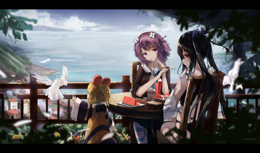 absurdres alternate_costume bird black_hair blonde_hair chair commentary_request d-pad d-pad_hair_ornament dove food fruit hair_ornament highres kami_jigen_game_neptune_v long_hair multiple_girls neptune_(choujigen_game_neptune) neptune_(series) noire pish purple_eyes purple_hair qianyi_yuantu_sheng red_eyes short_hair sitting sky smile striped striped_legwear table thighhighs twintails watermelon