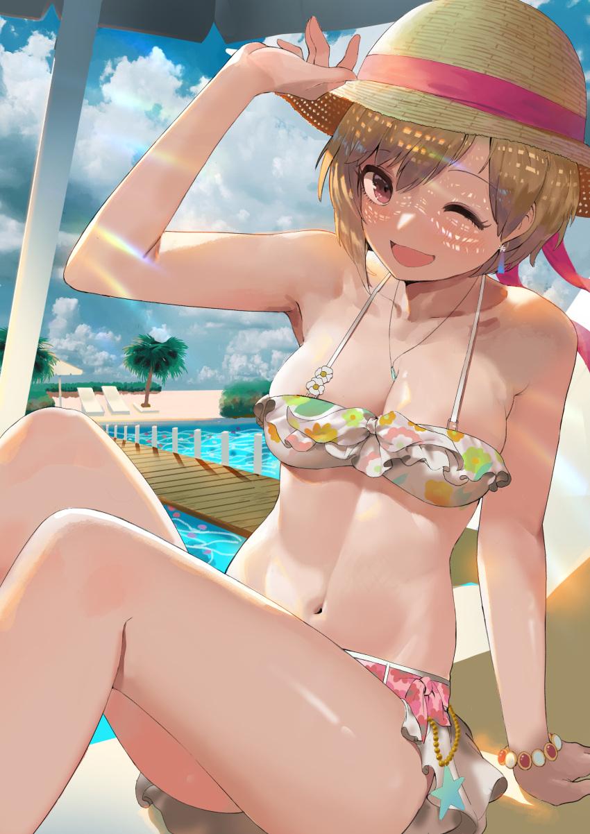 ;d absurdres adjusting_clothes adjusting_hat aiba_yumi arm_support armpit_peek bangs bare_arms bare_shoulders beach_chair beach_umbrella belt between_breasts bikini bikini_top blonde_hair blush bracelet breasts bridge brown_eyes bsue bush cherry_blossoms cleavage cloud cloudy_sky collarbone daisy day earrings eyebrows_visible_through_hair eyelashes floral_print flower frilled_bikini frills front-tie_bikini front-tie_top groin hat hat_ribbon highres idolmaster idolmaster_cinderella_girls idolmaster_cinderella_girls_starlight_stage jewelry knees_up large_breasts looking_at_viewer midriff miniskirt navel one_eye_closed open_mouth outdoors palm_tree pendant petals petals_on_liquid pink_belt pink_ribbon pool poolside ribbon shiny shiny_skin short_hair single_sidelock sitting skirt sky smile solo star sun_hat sunlight swept_bangs swimsuit thighs tree umbrella under_umbrella white_bikini_top white_skirt